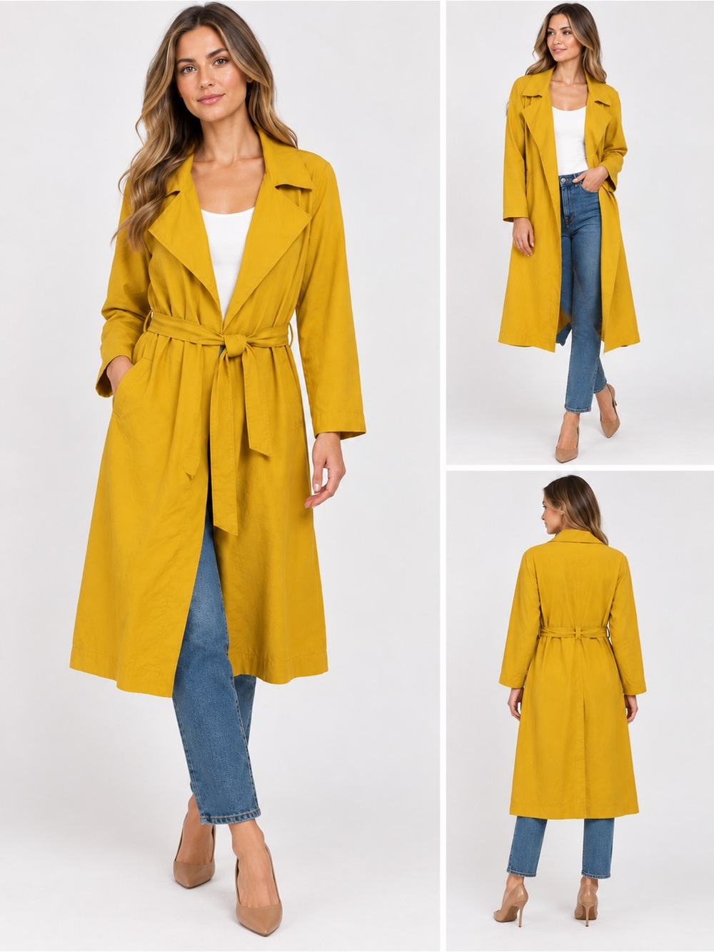 Love Tree Mustard Yellow Tie Waist Trench Duster Jacket Size Large